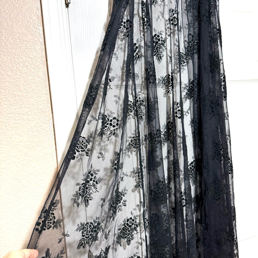Sheer Black Velvet Floral Lace Slip Maxi Dress Rose Bow Whimsygoth Fairy Grunge - Picture 5 of 15